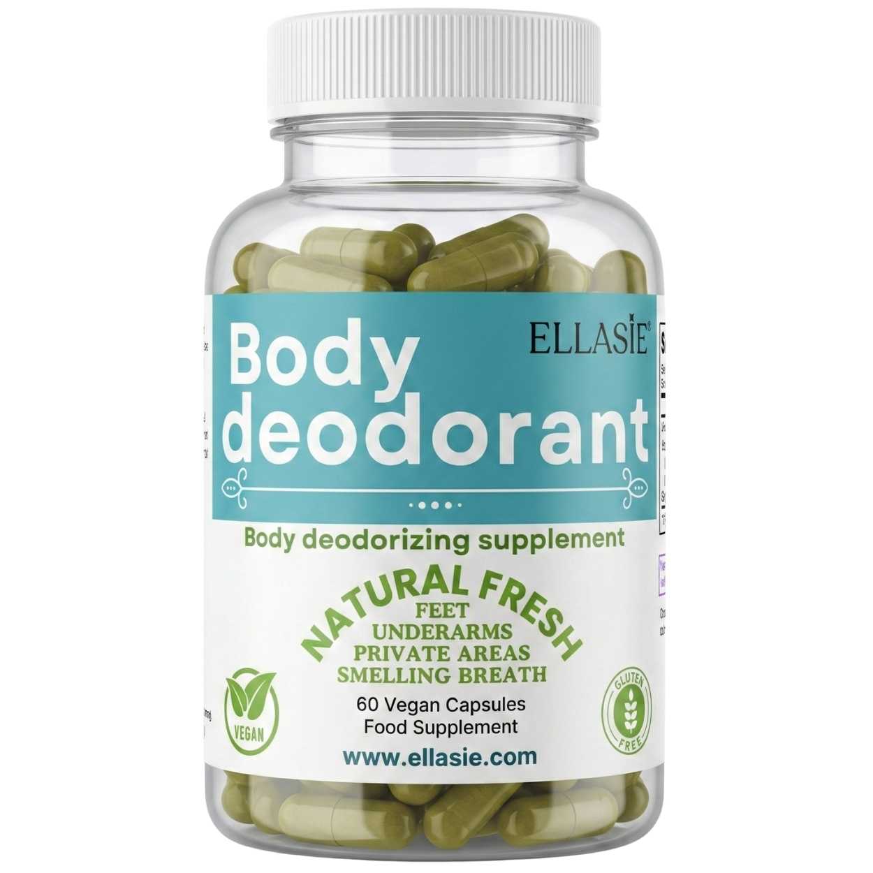 Bottle of Ellasie body deodorant supplement with green capsules on a white background