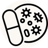 A black and white icon depicting a capsule pill next to a circular target with gears and a small '0' symbol