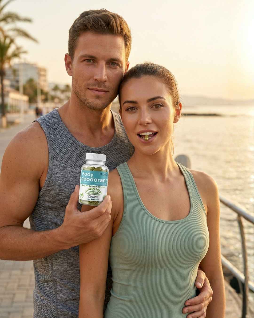 Man and woman standing by a waterfront, holding a bottle of body deodorant.