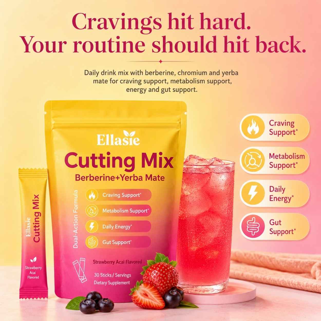 Ellasie Berberine Cutting Drink Mix strawberry acai flavour with iced drink for craving support, metabolism support, energy and gut health routine