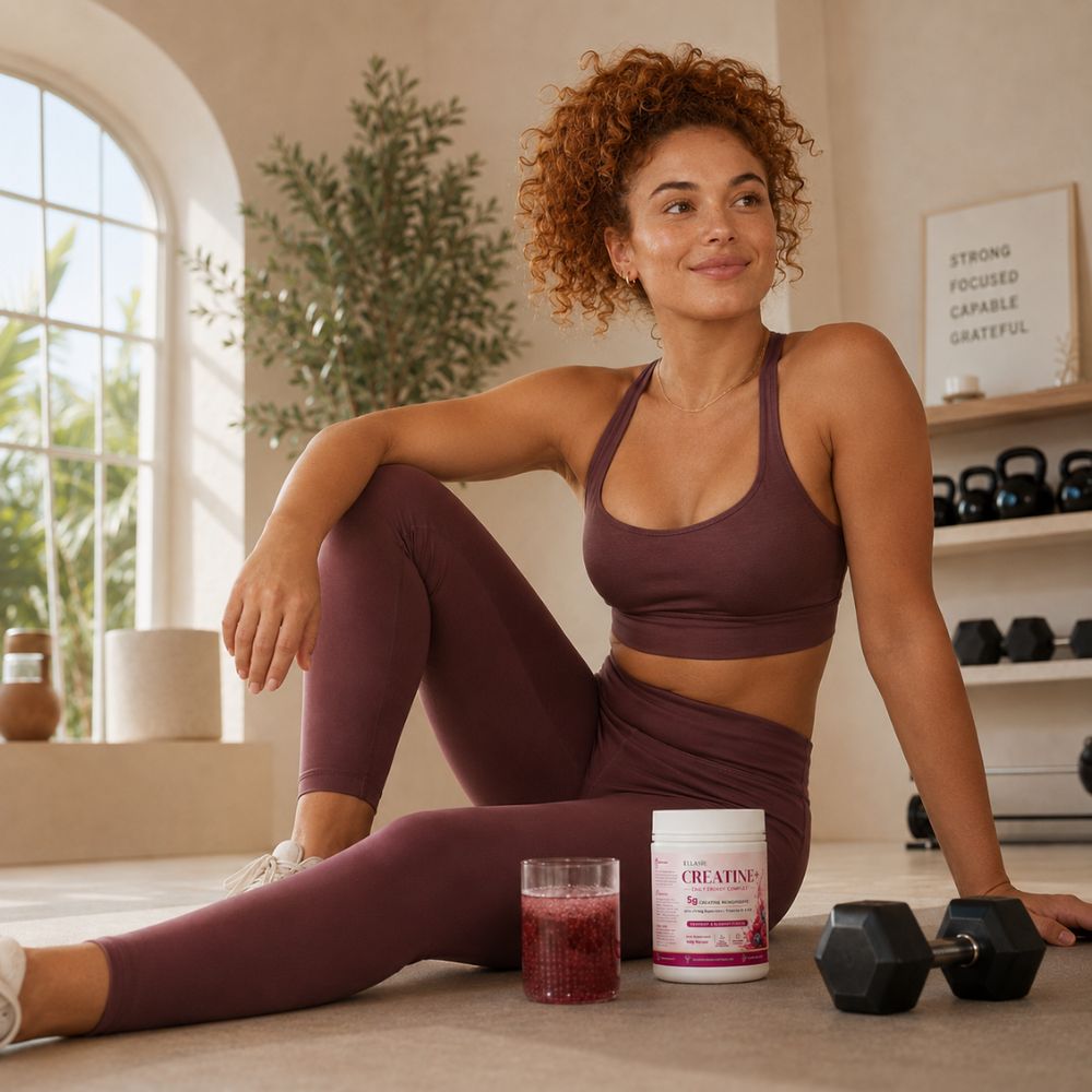 women in a pillates studio with a glass and a pot of ellasie creatine