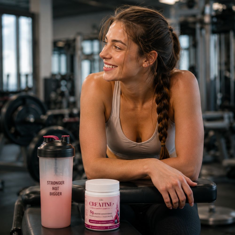 A woman in a gym setting, leaning on a bench and smiling. In the foreground, next to her, are a shaker bottle filled with pink liquid and a white tub of Creatine.