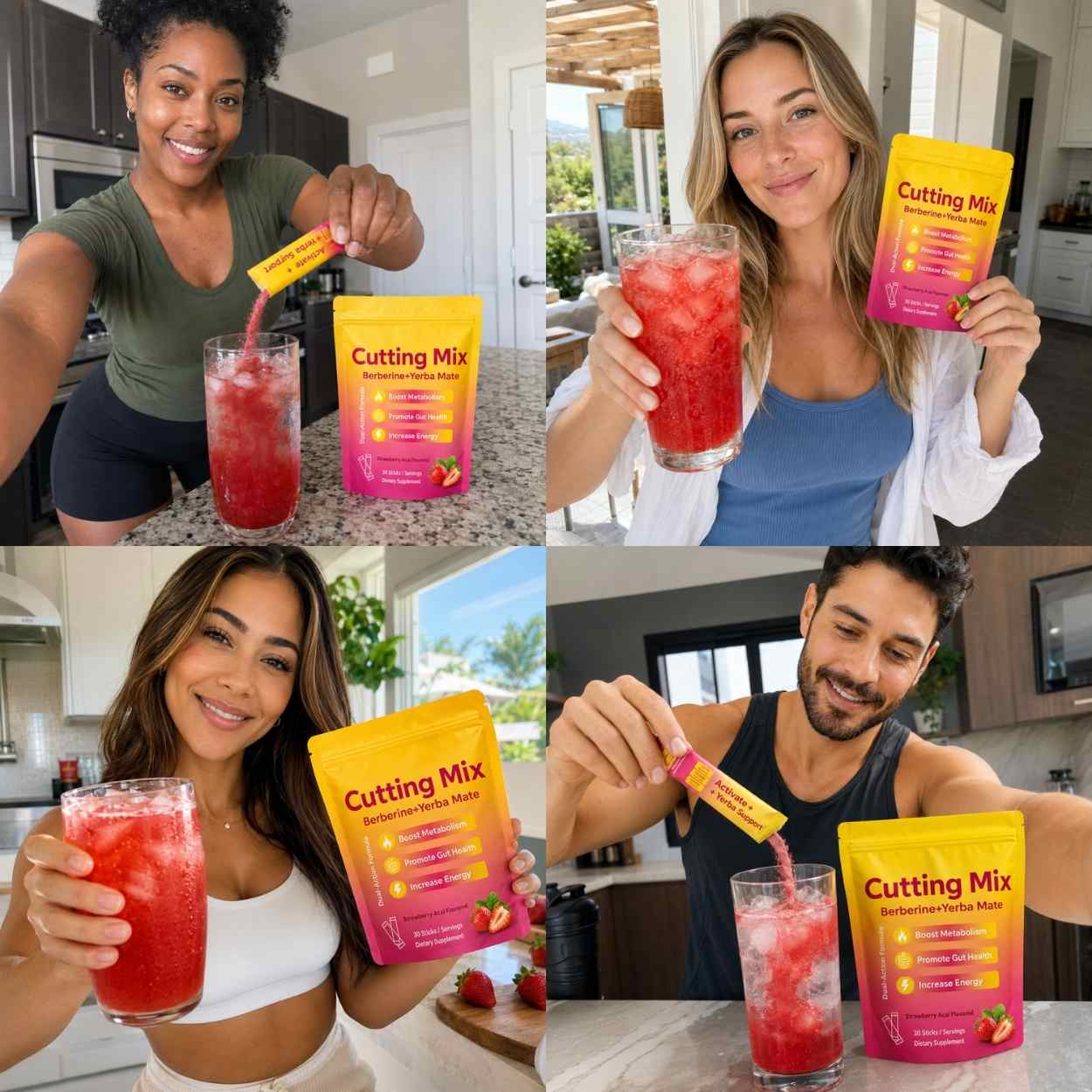 A four-panel collage showing people in a kitchen setting holding and using a yellow and pink pouch labeled 'Ellasie Cutting Mix' while preparing a red drink with a straw.