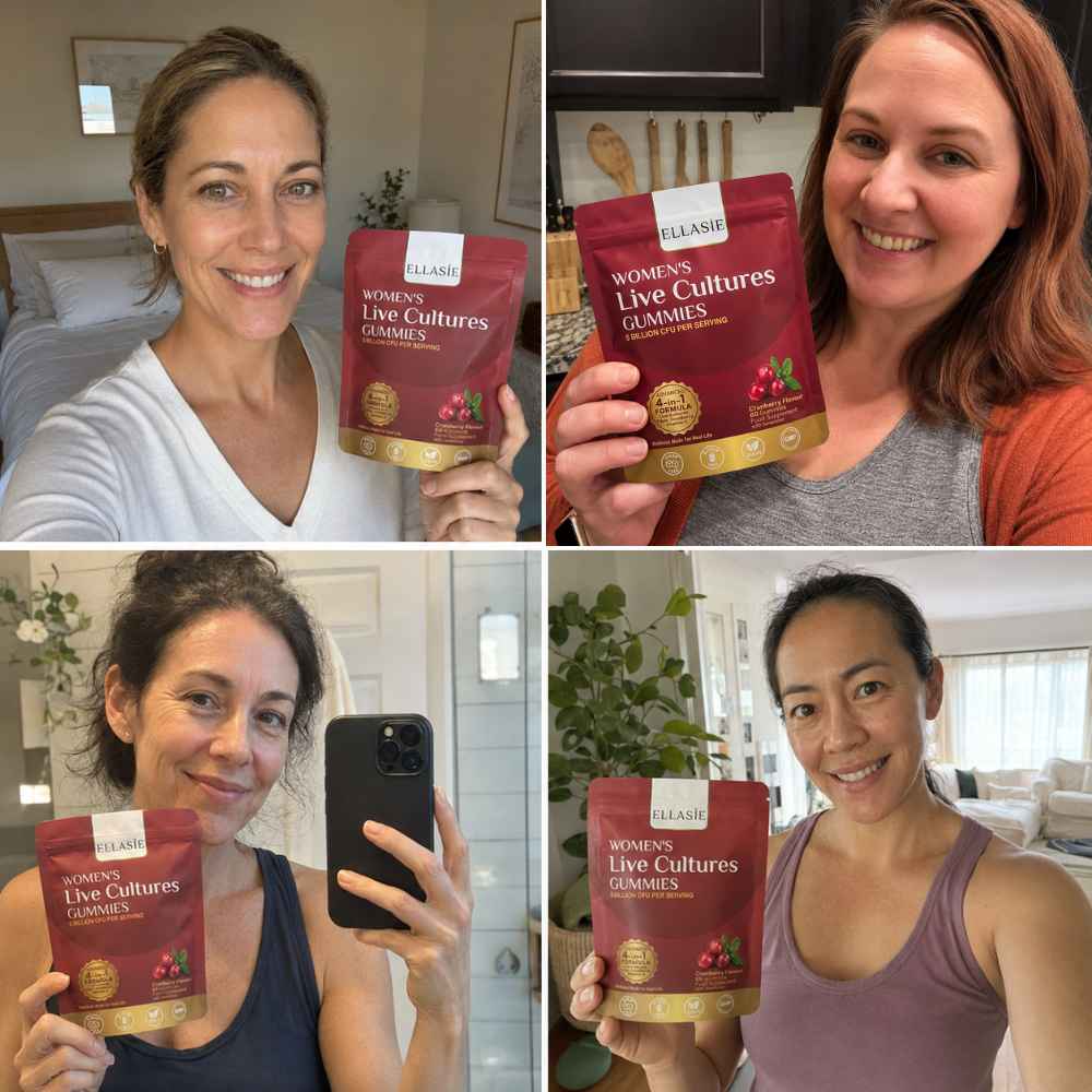 A four-panel collage showing women holding a pouch of Ellasie Women's Live Cultures Gummies in different home settings.