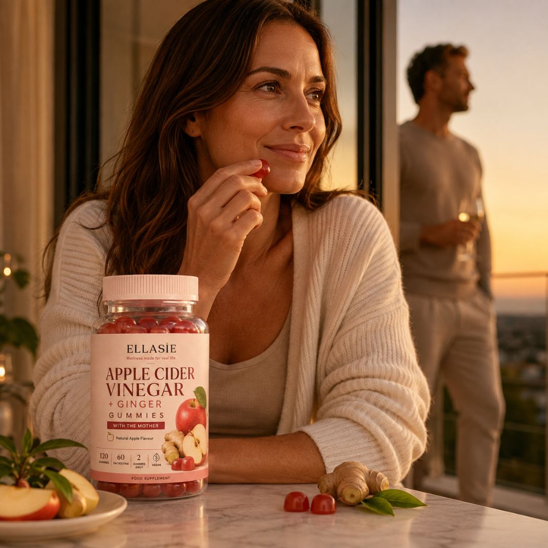 A woman in a cream cardigan sits at a table indoors, holding a jar of Ellasie Apple Cider Vinegar + Ginger Gummies in front of her. A man stands blurred in the background near a window at sunset.