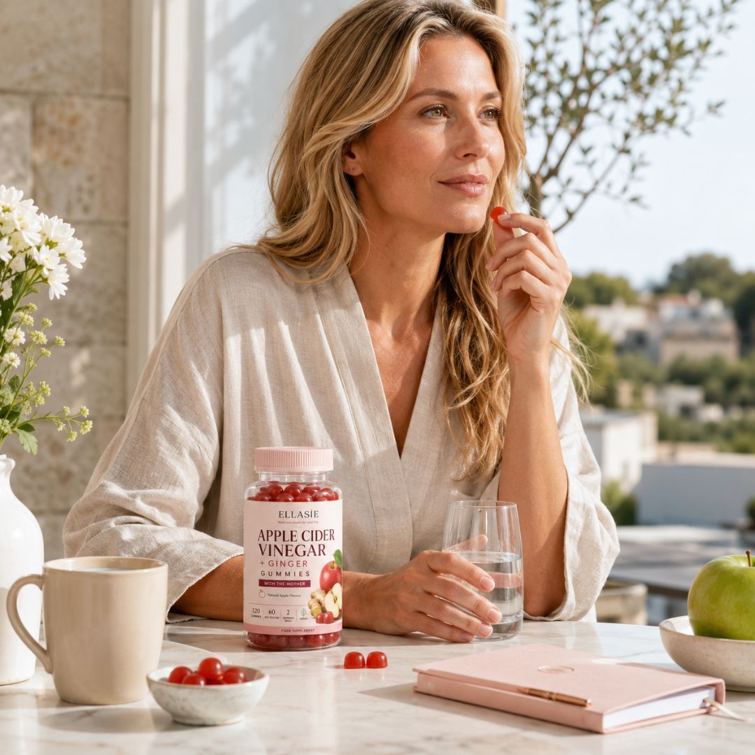 A woman sits at a sunlit table holding a small red fruit, with a bottle of Ellasie Apple Cider Vinegar Gummies and a glass of water in front of her. The scene includes a mug, flowers, a notebook, and a green apple in a bright indoor setting.