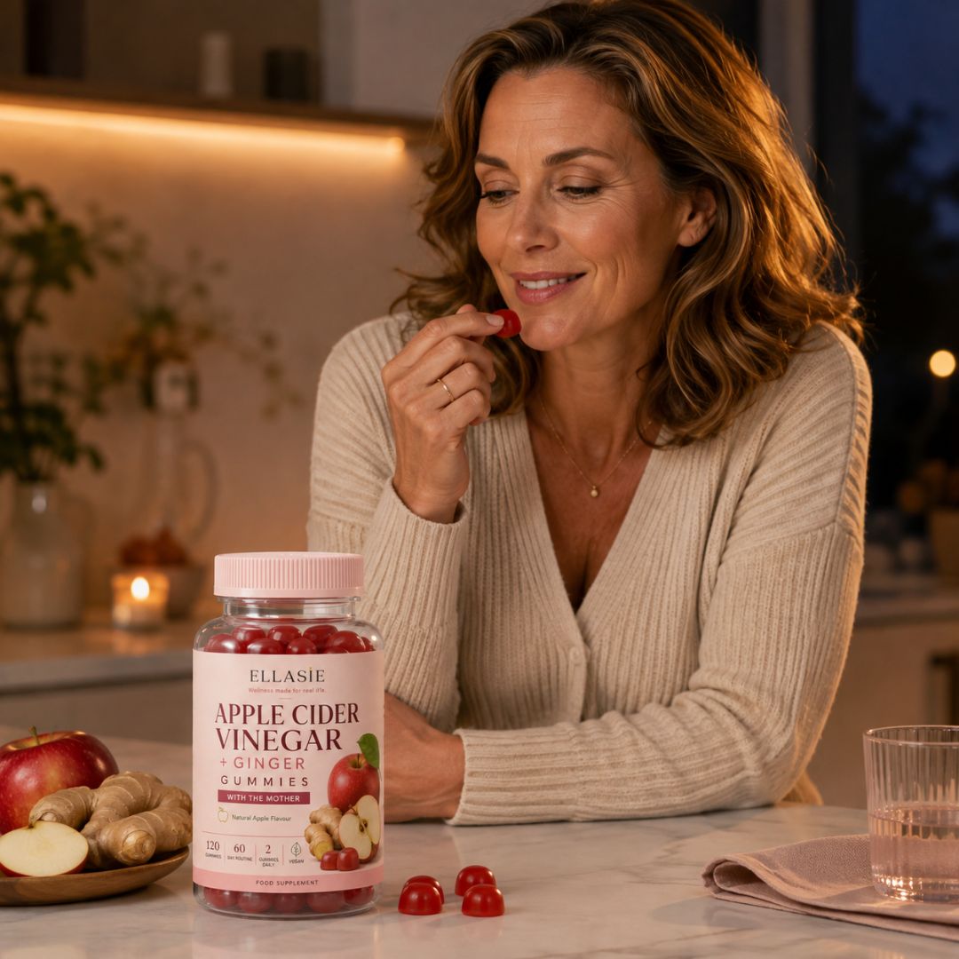 A woman in a cream knit sweater sits at a kitchen table, eating a red gummy from a bottle labeled ELLASIE Apple Cider Vinegar Ginger Gummies. The bottle is placed on the table next to sliced apples, ginger root, and a few loose gummies, with a softly lit kitchen background.