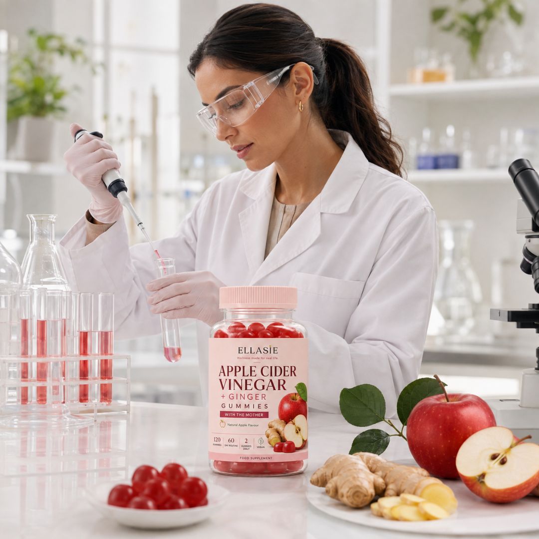 A woman in a white lab coat and safety glasses holds a pipette over a test tube in a bright laboratory. In the foreground, a jar of ELLASIE Apple Cider Vinegar Gummies sits on a counter beside apples, ginger, and other lab glassware.