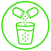 Green line icon of two capsules pouring into a cup with small dots, enclosed in a circular border on a white background.