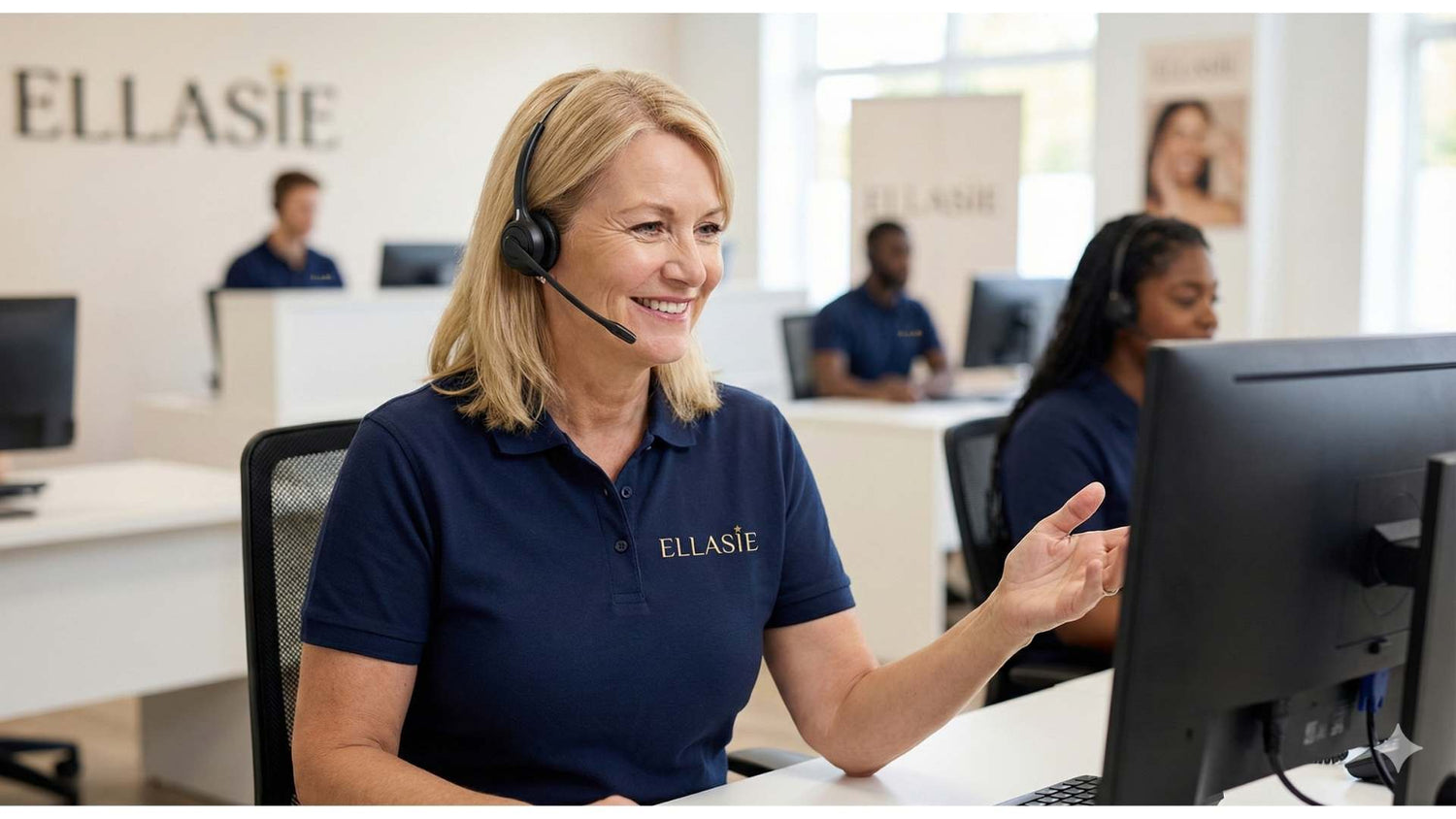 Woman wearing a headset and smiling, working at a computer in an office setting with 'ELLASIE' branding.