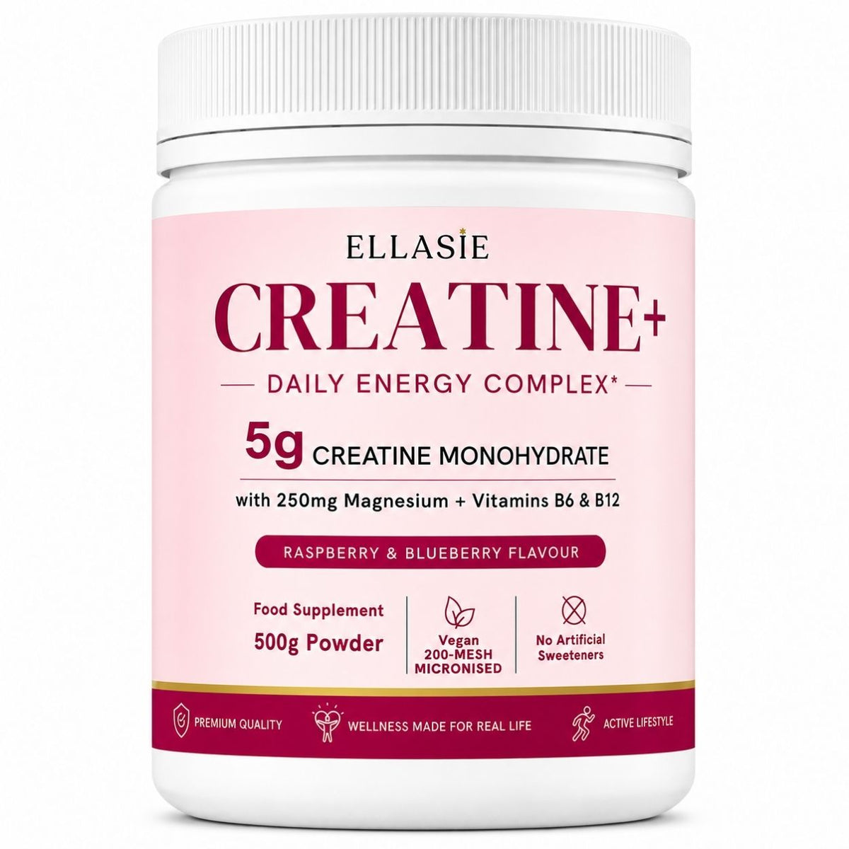 A white plastic bottle of Ellasie Creatine+ Daily Energy Complex 5g creatine monohydrate powder in Raspberry & Blueberry Flavour, shown on a clean white background.