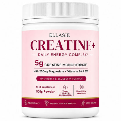 A white plastic bottle of Ellasie Creatine+ Daily Energy Complex 5g creatine monohydrate powder in Raspberry & Blueberry Flavour, shown on a clean white background.