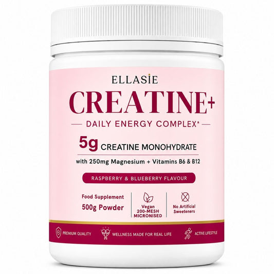 A white plastic bottle of Ellasie Creatine+ Daily Energy Complex 5g creatine monohydrate powder in Raspberry & Blueberry Flavour, shown on a clean white background.