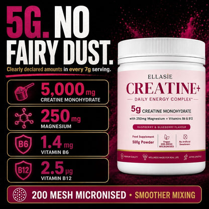 A white tub of Ellaslie Creatine+ dietary supplement with a white cap, shown on a dark promotional background with large text reading '5G. NO FAIRY DUST.