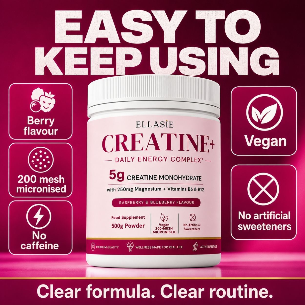 A white tub of Ellasie Creatine+ Daily Energy Complex food supplement, shown against a dark magenta background with promotional text and feature icons.
