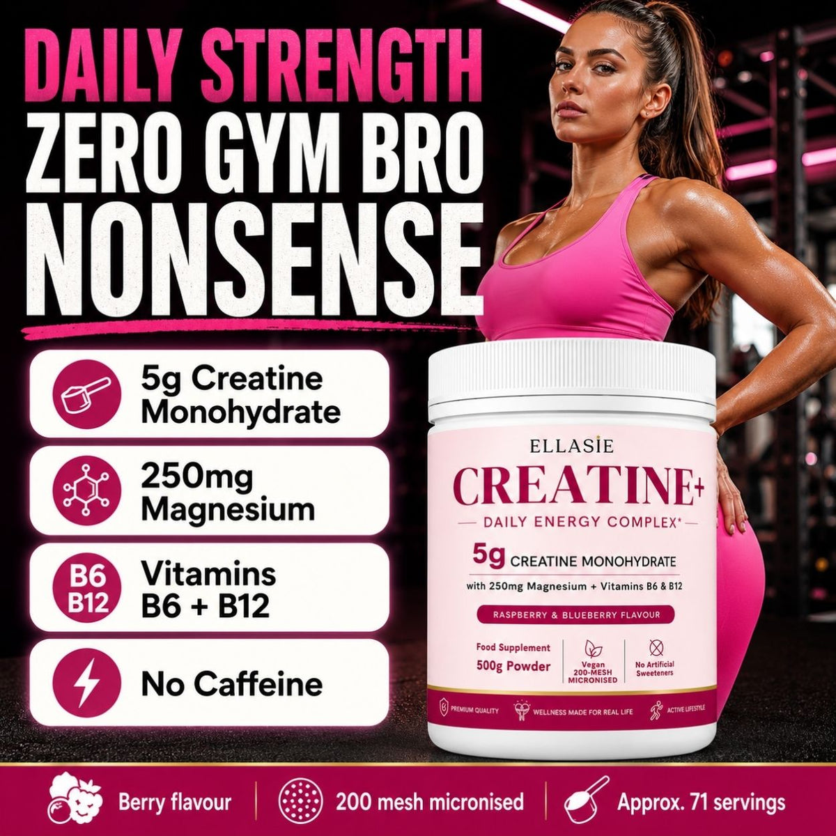 A tub of Ellasie Creatine+ powder shown next to a woman in a pink sports bra in a gym setting, with promotional text highlighting ingredients and flavor.
