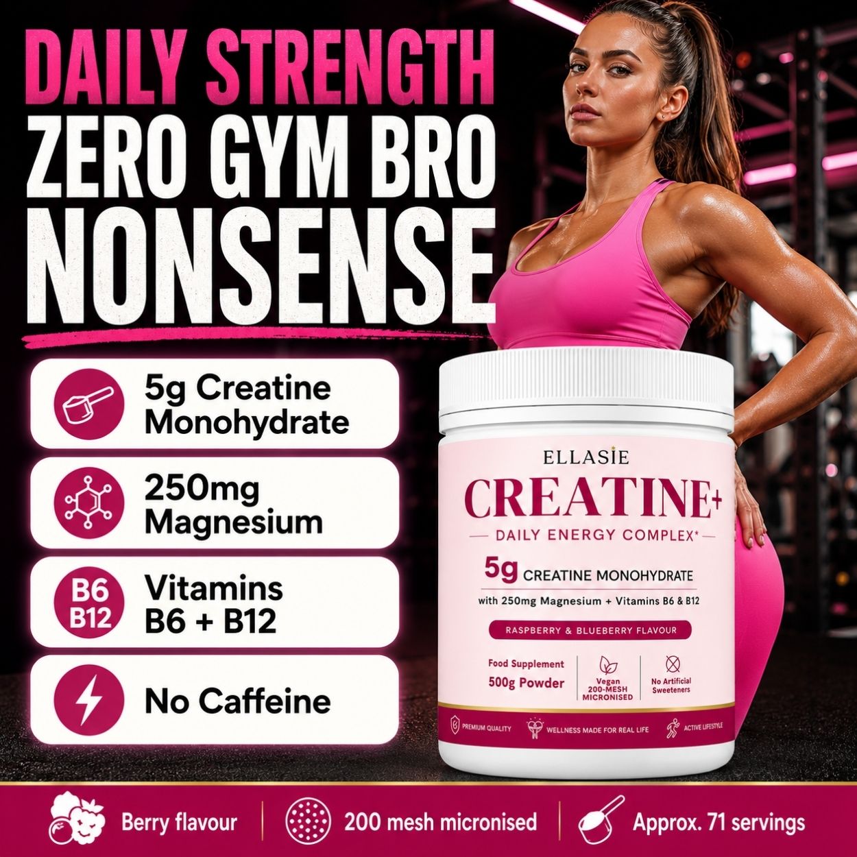 A tub of Ellasie Creatine+ powder shown next to a woman in a pink sports bra in a gym setting, with promotional text highlighting ingredients and flavor.