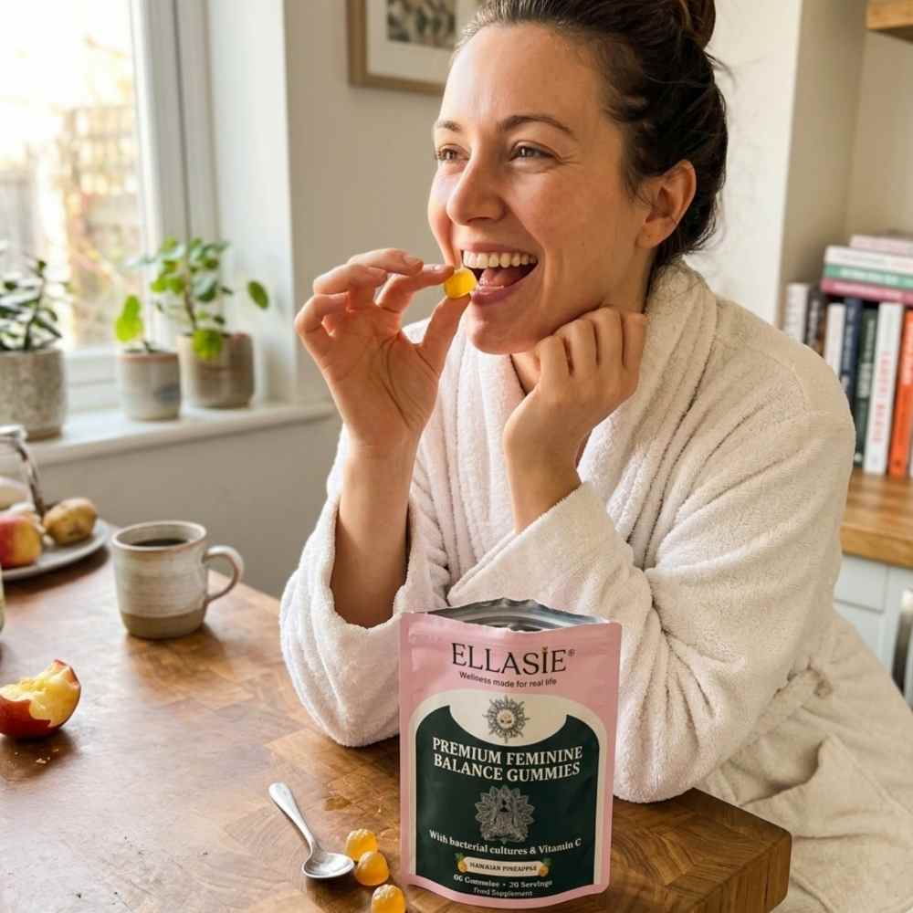 Woman in a bathrobe eating gummies with a box of Ellasie gummies on a table.