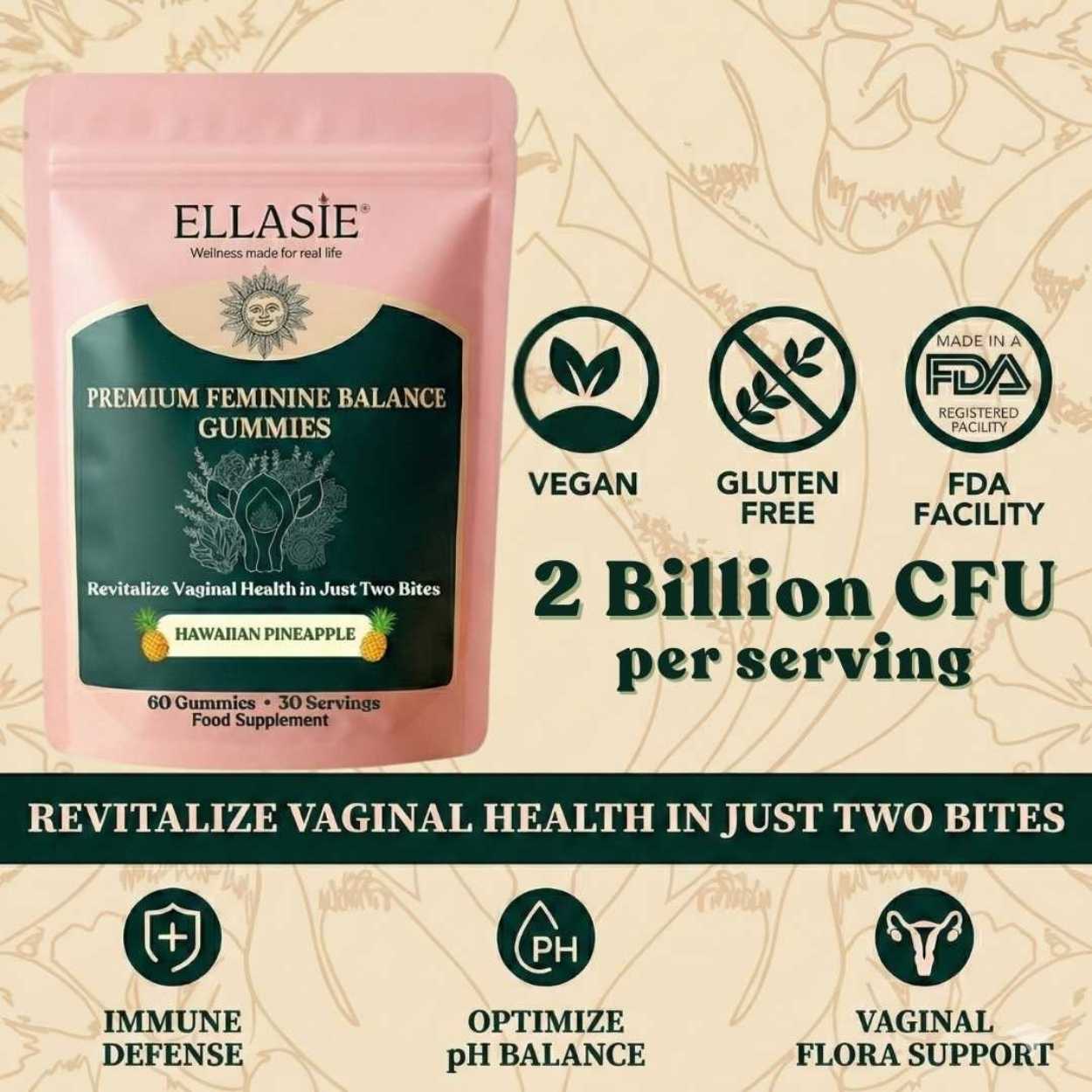 Package of Ellasie premium feminine balance gummies with product details on a beige background
