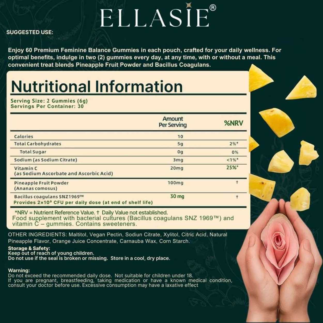 Nutritional information label for Ellasie gummies with pineapple pieces and a pink flower.