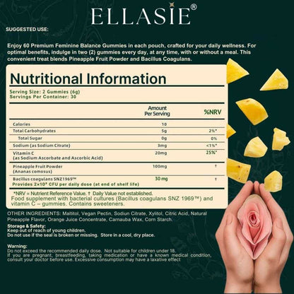 Nutritional information label for Ellasie gummies with pineapple pieces and a pink flower.