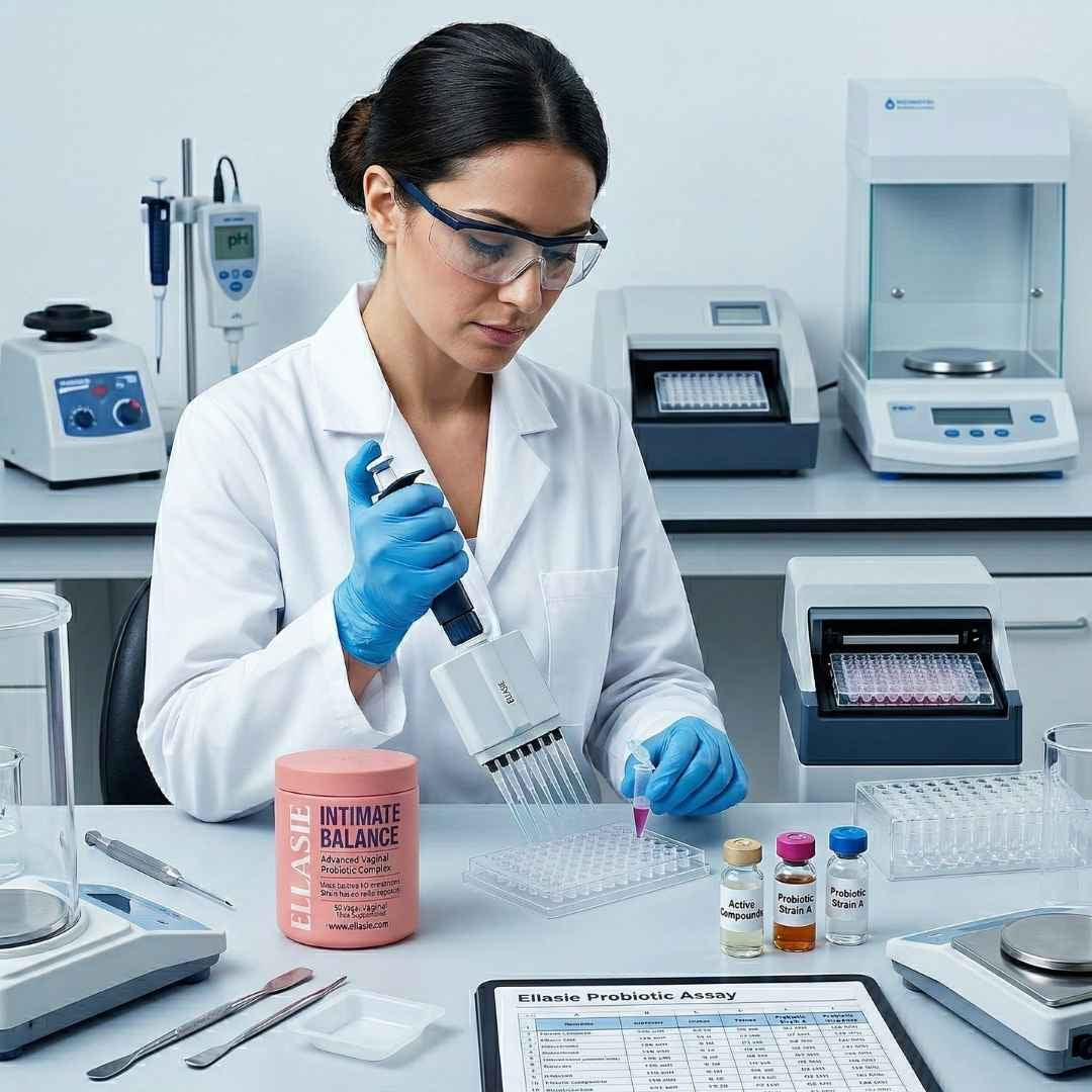Scientist working in a laboratory with lab equipment and a product labeled 'Ellasie Probiotic Assay'.