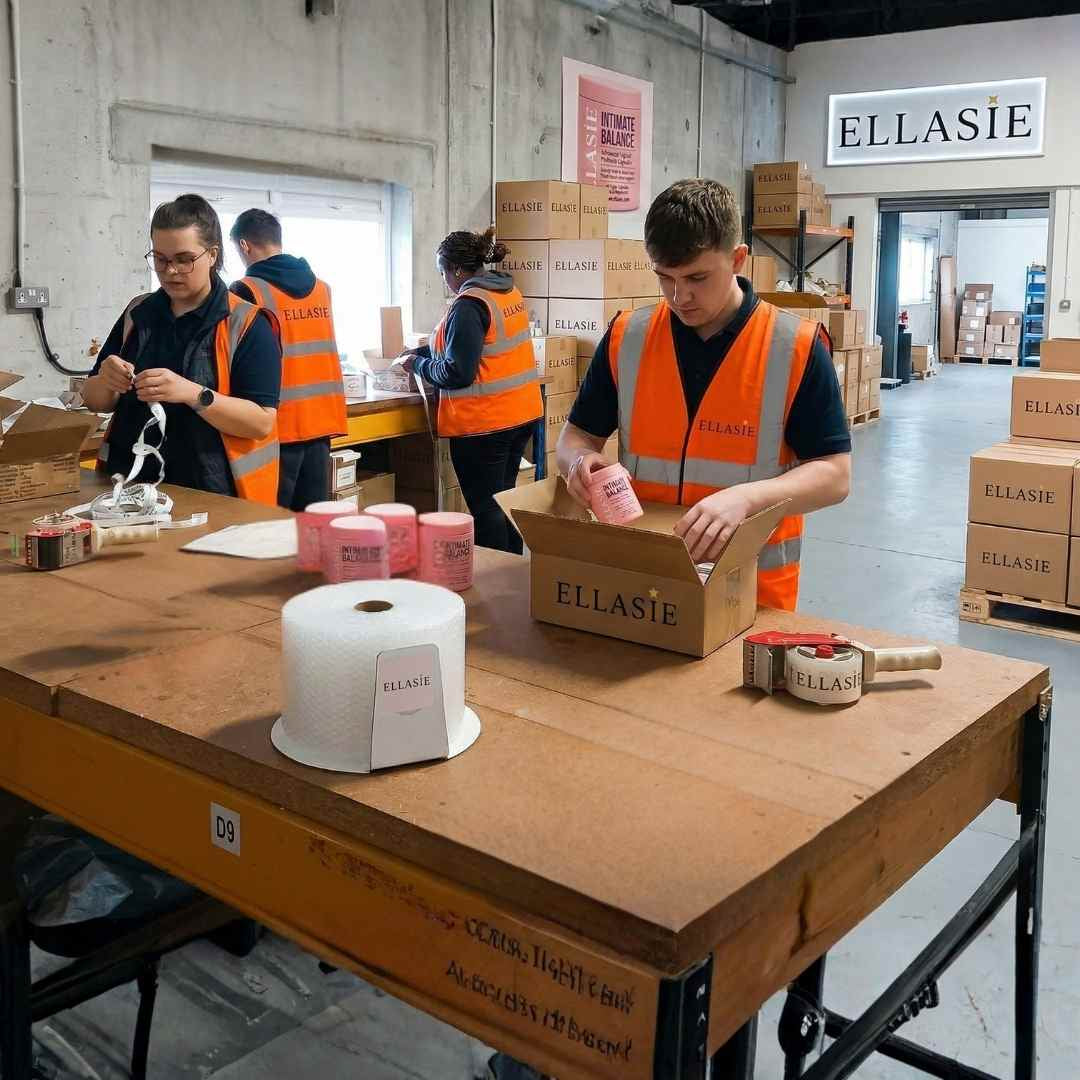 ellasie fulfillment center with members of staff picking and packing ellasie products