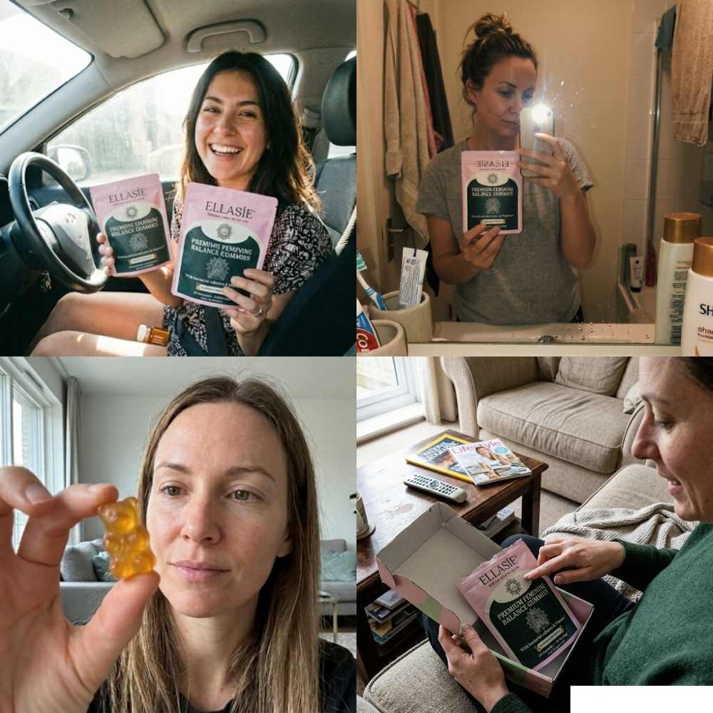 Collage of a woman holding and using Ellasie products in various settings.