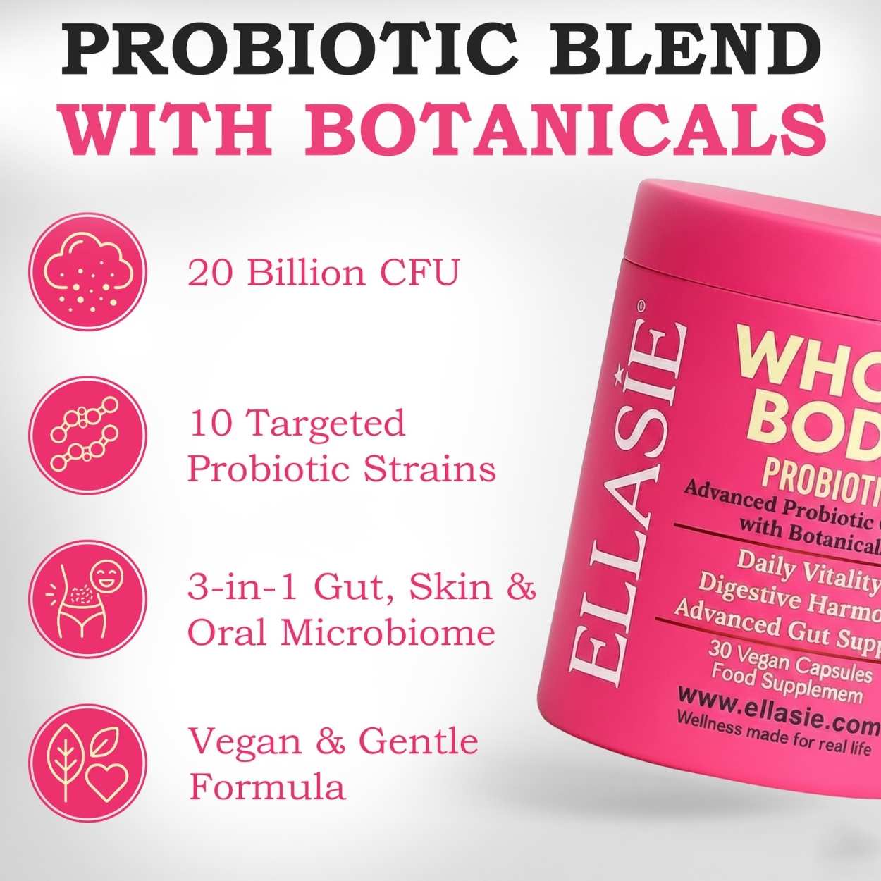 Pink container of Ellasie Whole Body Probiotics with text detailing product features on a white background.