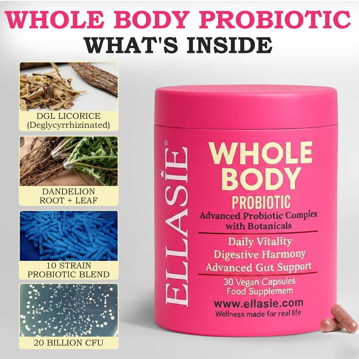 Pink container of Ellasie Whole Body Probiotic with ingredients listed on a gray background