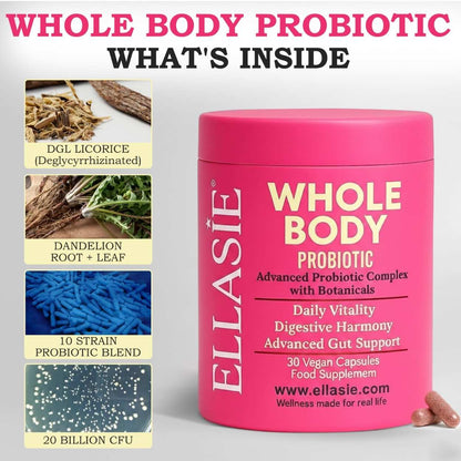 Pink container of Ellasie Whole Body Probiotic with ingredients listed on a gray background