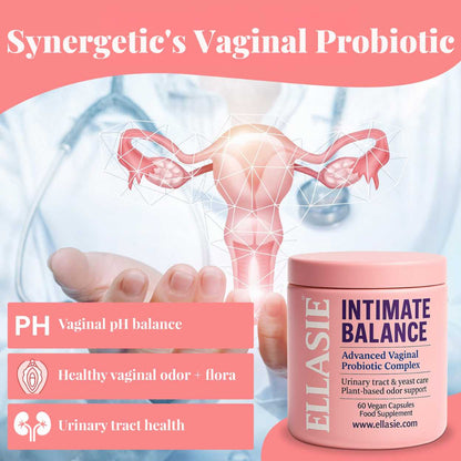 Promotional image of a vaginal probiotic product with a diagram of the female reproductive system.