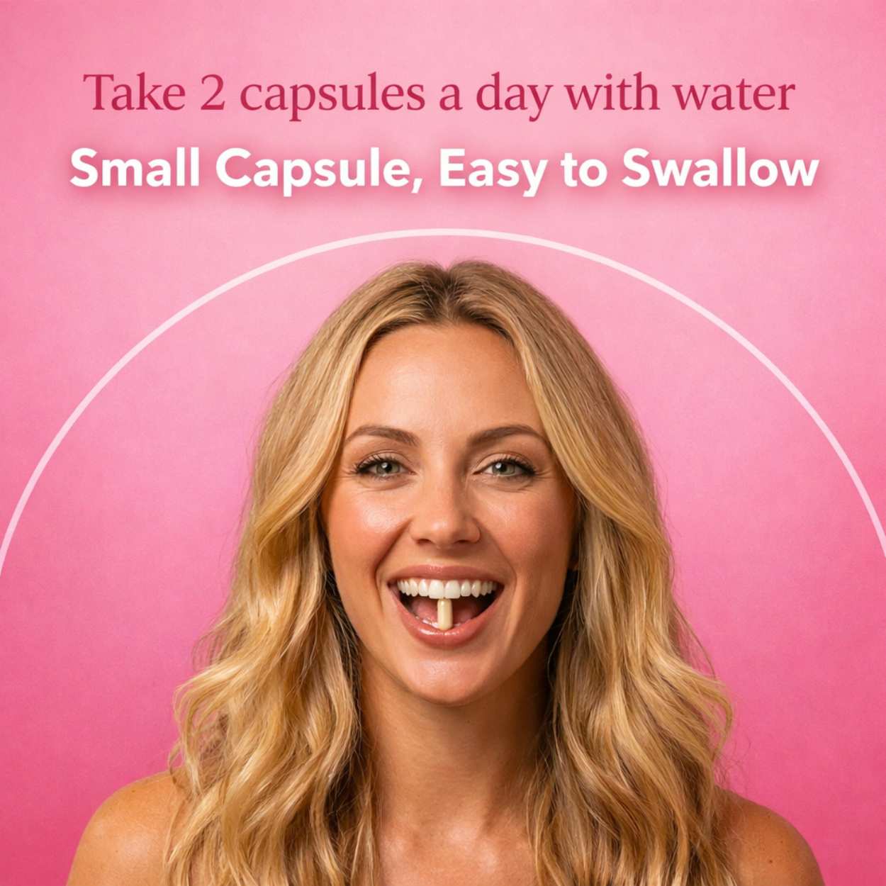 woman with a small capsule between her teeth from ellasie v-juicy vaginal moisture