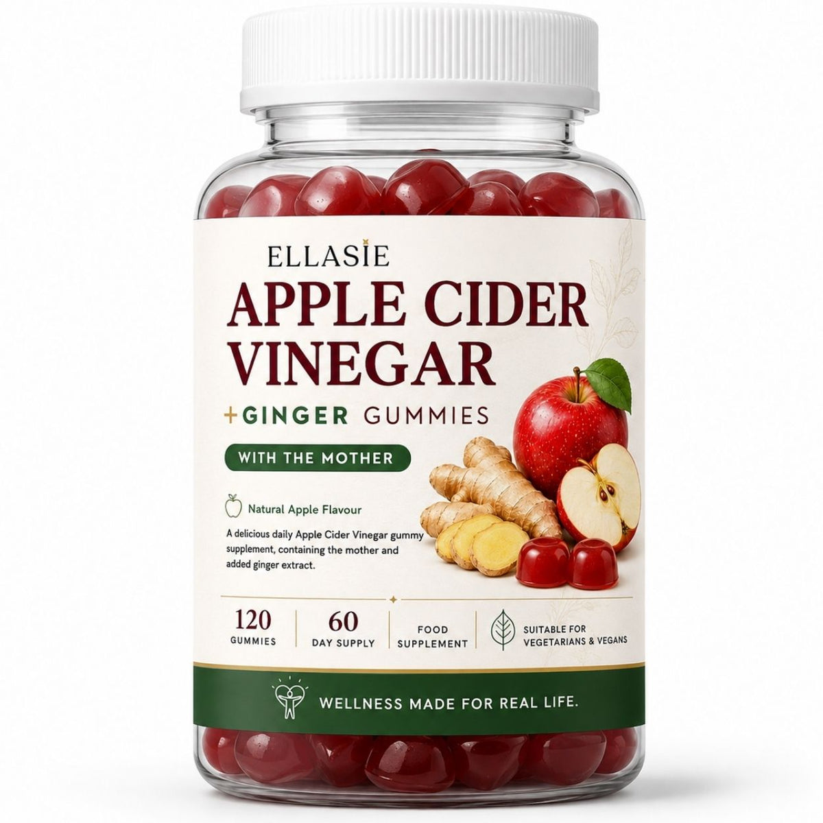 A clear plastic bottle of Ellasie Apple Cider Vinegar + Ginger Gummies with a white cap and a cream label featuring red apples, ginger root, and dark red gummies visible through the transparent container.