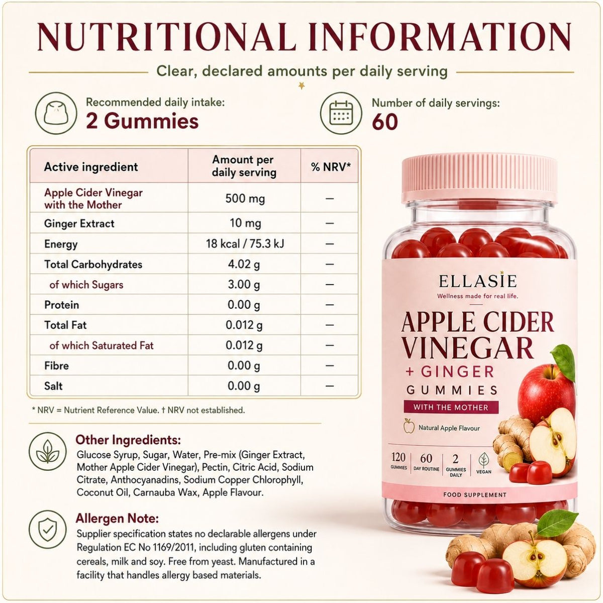 A product information graphic for Ellasie Apple Cider Vinegar with Ginger Gummies. The image features a bottle of the gummies on the right, showing the pink cap and label with illustrations of apples and ginger.