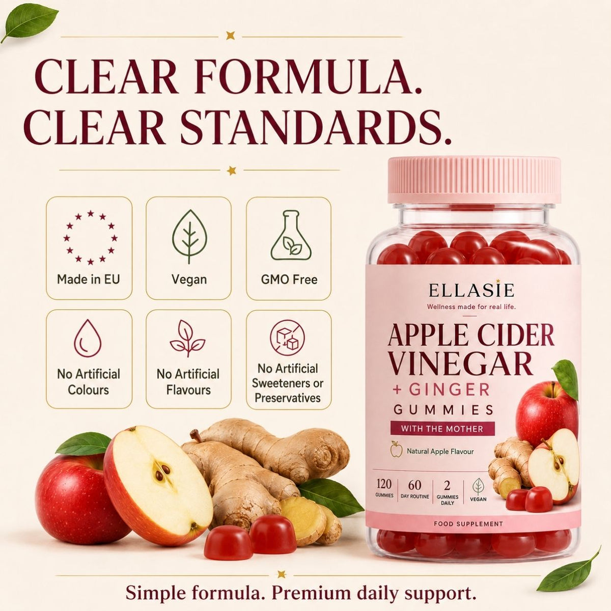 A bottle of Ellasie Apple Cider Vinegar + Ginger Gummies is shown on a light beige background with marketing text and ingredient imagery including red apples, ginger root, and gummies inside the bottle.