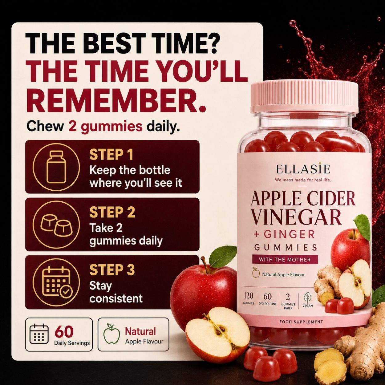 Ellasie Apple Cider Vinegar + Ginger Gummies bottle shown with a large informational graphic on a dark background. The bottle is pink with a pink cap and a label reading 'Apple Cider Vinegar + Ginger Gummies with the Mother.
