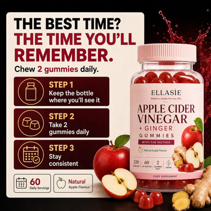 Ellasie Apple Cider Vinegar + Ginger Gummies bottle shown with a large informational graphic on a dark background. The bottle is pink with a pink cap and a label reading 'Apple Cider Vinegar + Ginger Gummies with the Mother.
