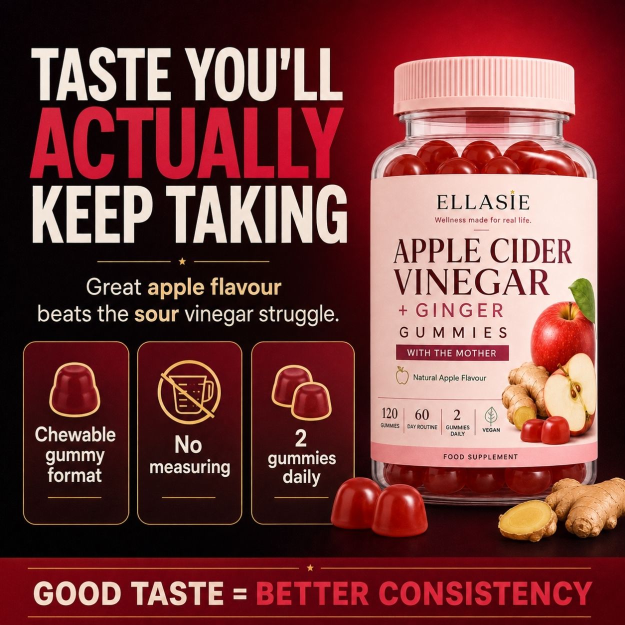A bottle of Ellasie Apple Cider Vinegar + Ginger Gummies is shown on a dark red promotional background with marketing text, three feature icons, and loose gummies and ginger pieces around the bottle.