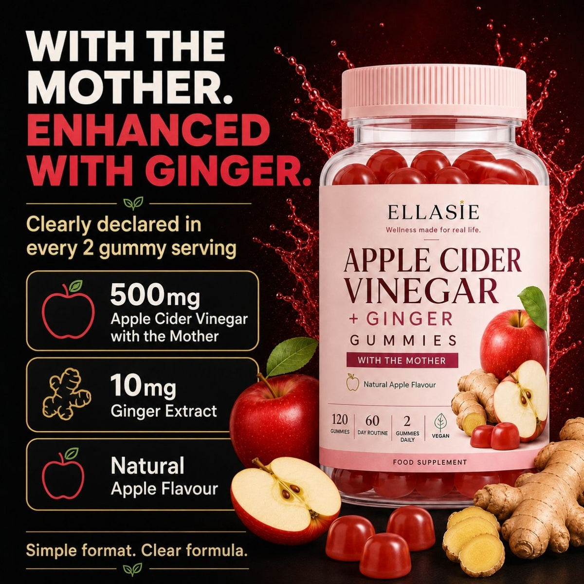 A bottle of Ellasie Apple Cider Vinegar + Ginger Gummies is shown on a dark promotional background with red splashes, large marketing text, ingredient callouts, and loose apples and ginger roots around the bottle.
