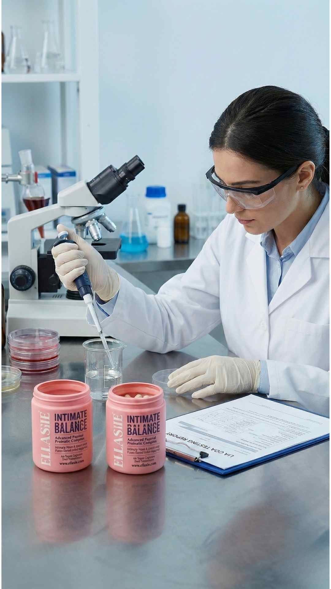 Scientist working in a lab with Ellasie Intimate Balance products on a table.