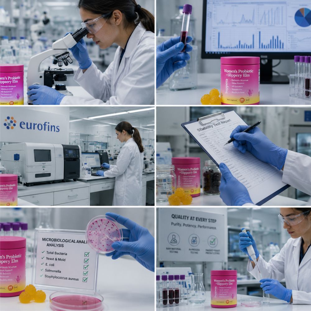 A six-panel collage showing a microbiology laboratory scene with scientists in white lab coats using a microscope, holding test tubes, reviewing a quality checklist, and working with pink and yellow probiotic containers. The product branding visible on the containers reads 'Mackenzie Probiotic Supplementation'.