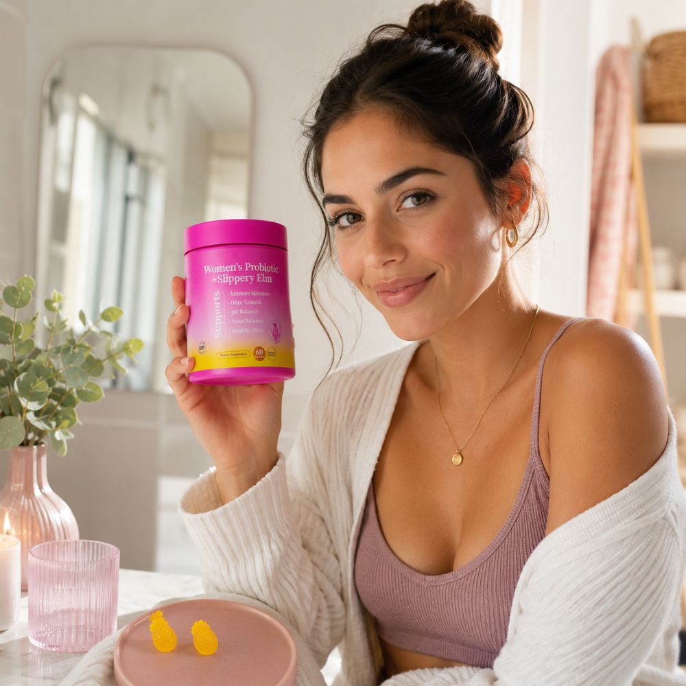 A woman in a white cardigan and mauve ribbed tank top holds up a pink and yellow tub of Women's Probiotics Daily Elixir. The setting is a bright, modern bathroom with a mirror, pink glassware, and a small plant.