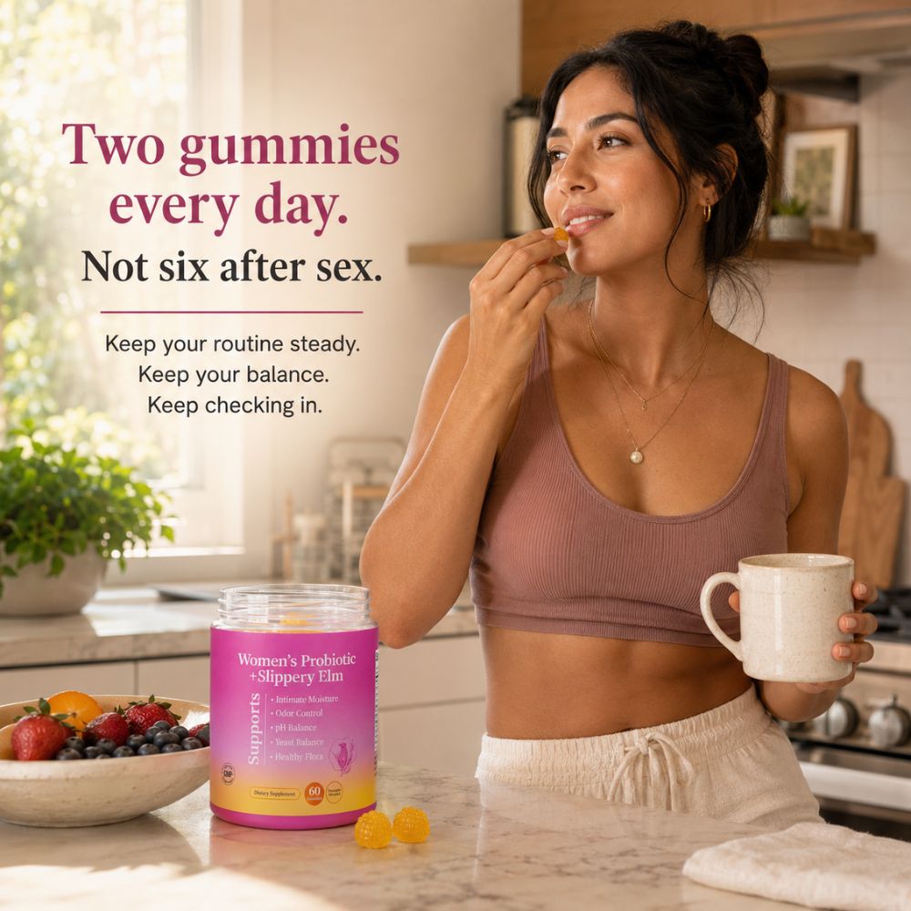 A woman in a kitchen setting is shown eating a gummy and holding a mug, with a jar of Women's Probiotic & Slippery Gummies placed on the counter beside a bowl of fruit. Text on the image reads, 'Two gummies every day.