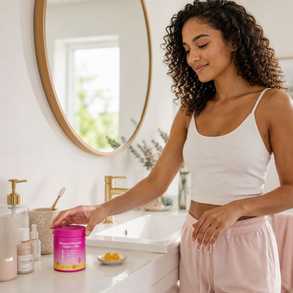 A woman in a white tank top and pink sweatpants stands at a bathroom counter, reaching toward a bright pink jar labeled 'Vitamin Regimen Supplement'. The bathroom has a white sink, gold faucet, and a large round mirror.