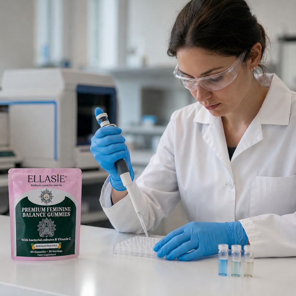 A woman in a white lab coat, clear safety goggles, and blue gloves uses a pipette over a small sample dish. A pink and green pouch of ELLASIE Premium Feminine Balance Gummies sits on the counter beside three small vials.