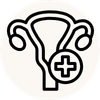 A stylized female icon featuring a u white cross, shown on a solid black background.
