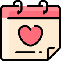 A flat vector icon of a calendar page with a pink heart on the front, shown on a light gray background.