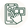 A flat green line icon showing a hand touching a smartphone screen next to a credit card, likely representing a mobile payment or digital service.
