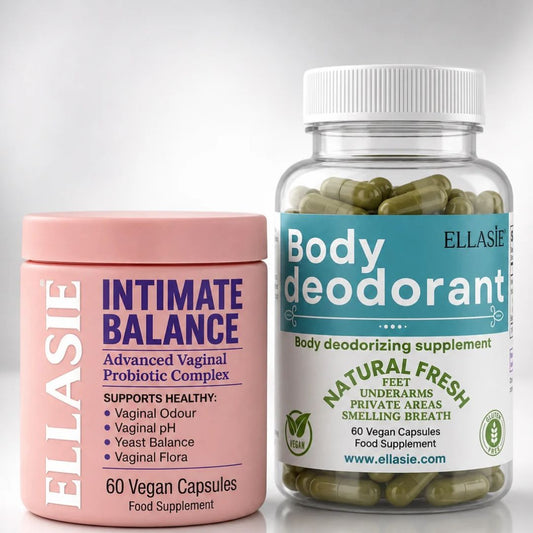 Two Ellasie products shown on a light gray studio background: a pink jar labeled 'Intimate Balance' and a clear bottle labeled 'Body deodorant' filled with green capsules.
